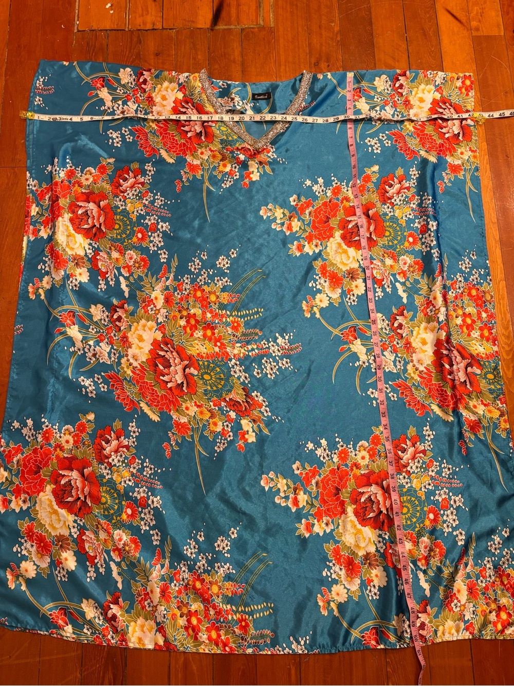 Mrs Roper Costume Turquoise Floral Rhinestone Caftan OS - Picture 6 of 6